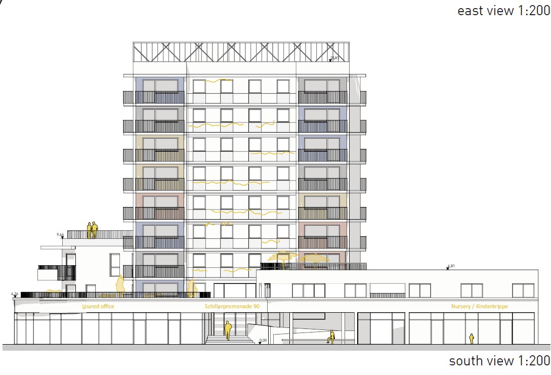 Europan 14, Wettbewerb Aschaffenburg-Damm, Schillerpromenade, Straßenansicht Hochhaus