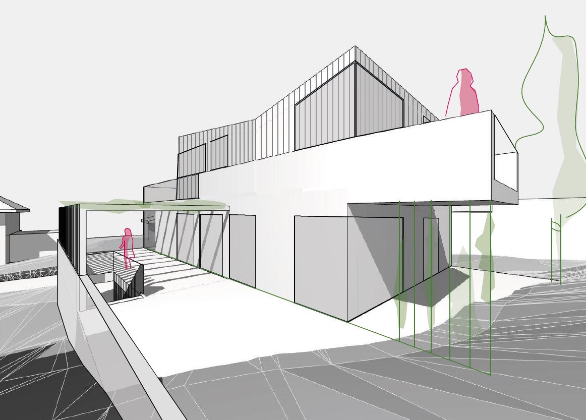 Studie Wohnhaus für drei Parteien, Aldrans bei Innsbruck, Perspektive vom Berg